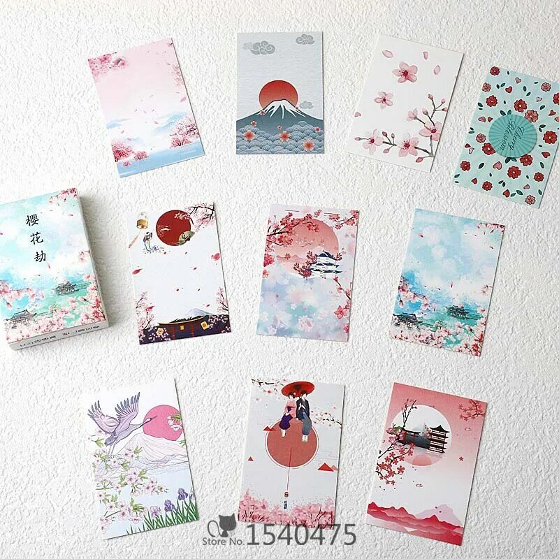 28 unids/lote de tarjetas de mensaje de estilo japonés Sakura Flowers Lomo, Mini papel en caja de felicitación/nota de cumpleaños, regalo de amor para niñas y amigas