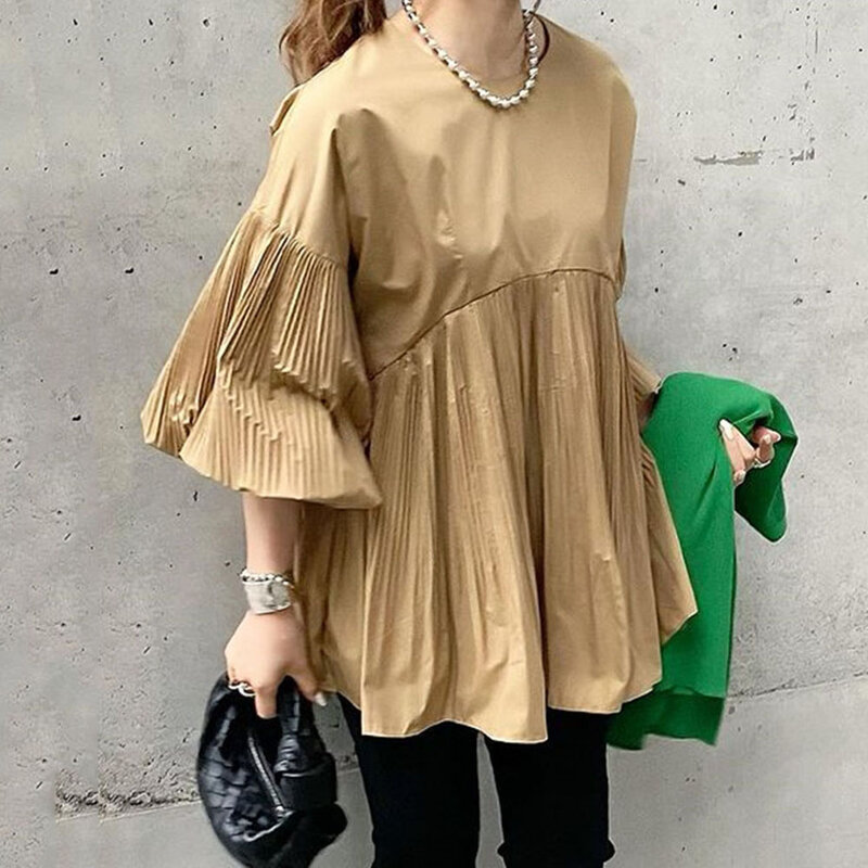 Blusa japonesa coreana feminina de verão, crimpagem cor sólida, gola redonda, manga flare, solta, casual, simples, 2021