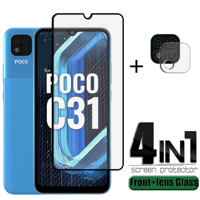 Vetro a copertura totale per vetro POCO C31 per Xiaomi POCO C31 vetro temperato HD 9H protezione schermo intero per vetro obiettivo POCO C31 6.53"