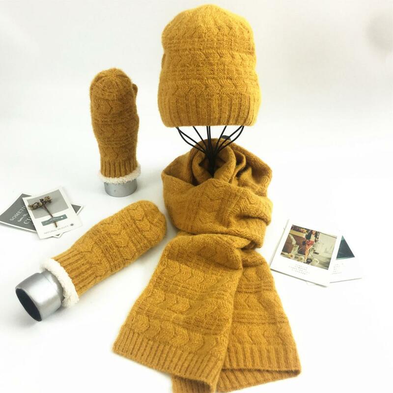 Herbst und winter mode gestrickte wolle drei-stück anzug reine farbe wärme woolen hut und schal mit handschuh