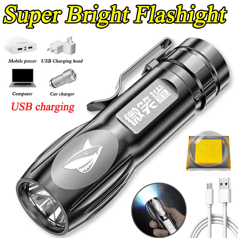 Mới Di Động Cắm Trại Sáng Đèn Pin Ngoài Trời Tập Trung Tầm Xa USB Sạc Mini ABS Đèn Pin Với Giá Đỡ