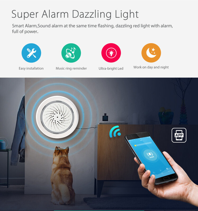 Alarme de sécurité pour maison connectée 3 en 1 IFTTT Tuya, wi-fi, sirène avec capteur de température et d'humidité, télécommande avec application Alexa Google