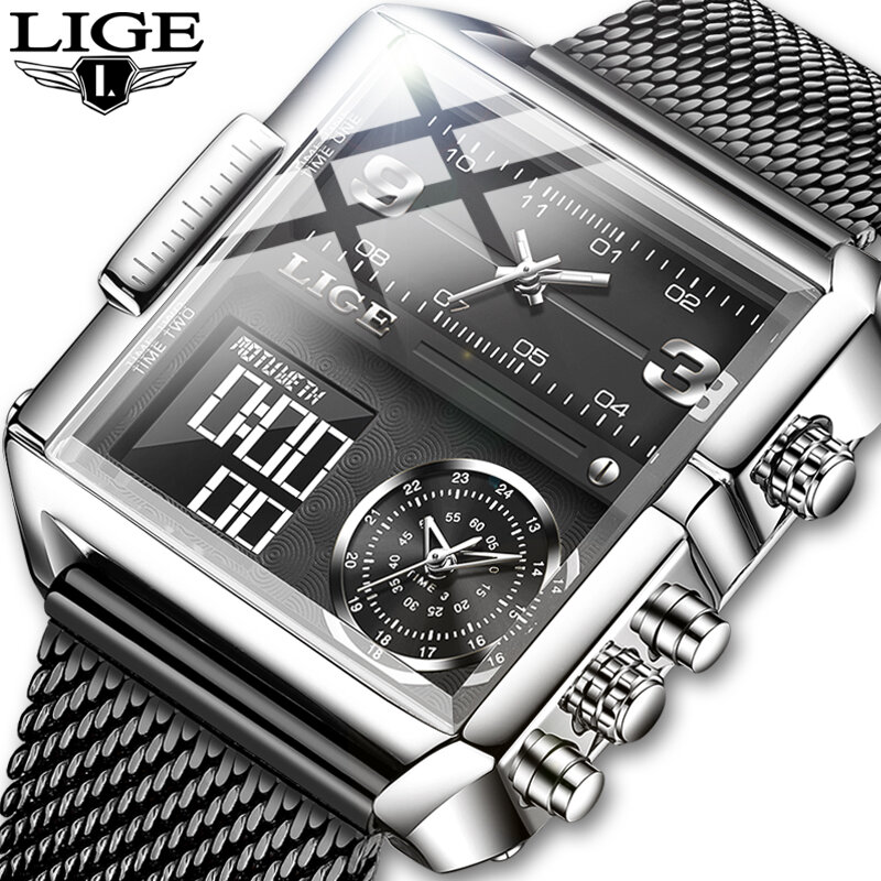 Часы наручные LIGE Мужские кварцевые, брендовые роскошные квадратные цифровые спортивные водонепроницаемые с секундомером, 2022