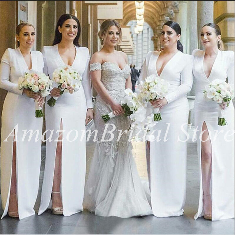 Lange Mouwen Bruidsmeisje Jurken Schede Satin Split Rok V-hals Bruiloft Gast Dess Robe De Soiree De Mariage Vestidos De Fiesta22