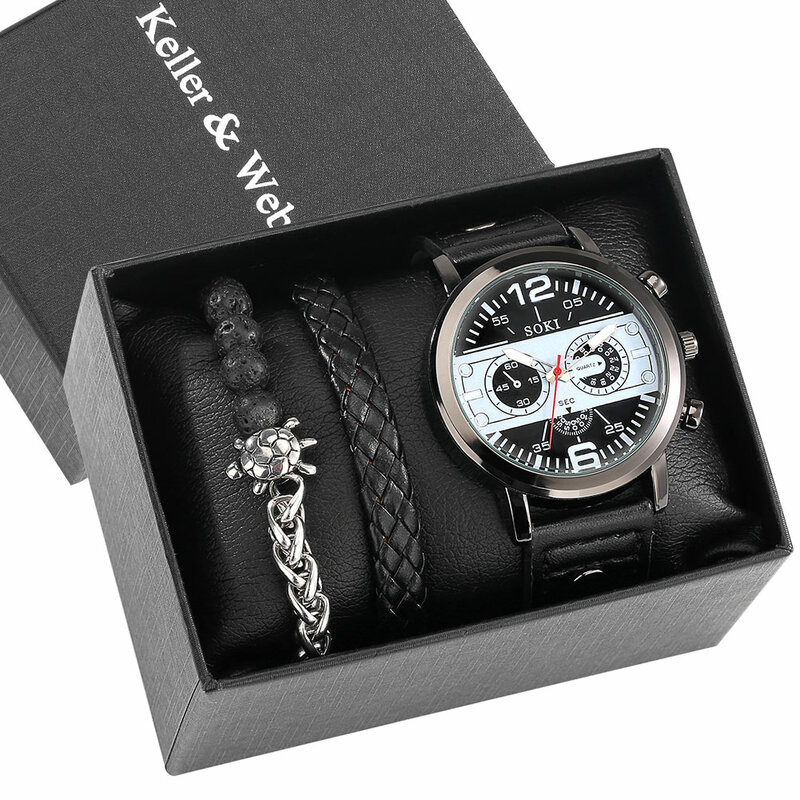 Ensemble de montres en cuir pour hommes, 3 pièces, cadeau, montre d'affaires, Quartz, Sport, Steampunk, ensemble de bracelets en cuir