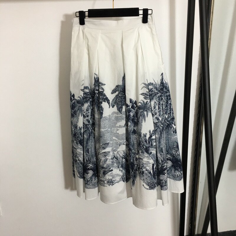High Quality Summer Sexy Women's Back Letter Print Tree Print Short Sleeve Shirts +High Waist Skirt 2pcs Set