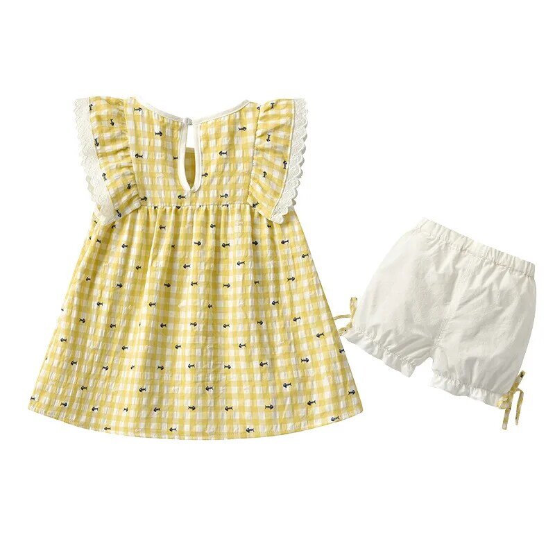 Yg 브랜드 아동복, 2021 여름 사랑스러운 소녀 공주 치마, 노란색 격자 무늬 탑 + 아기 반바지 만화 양복