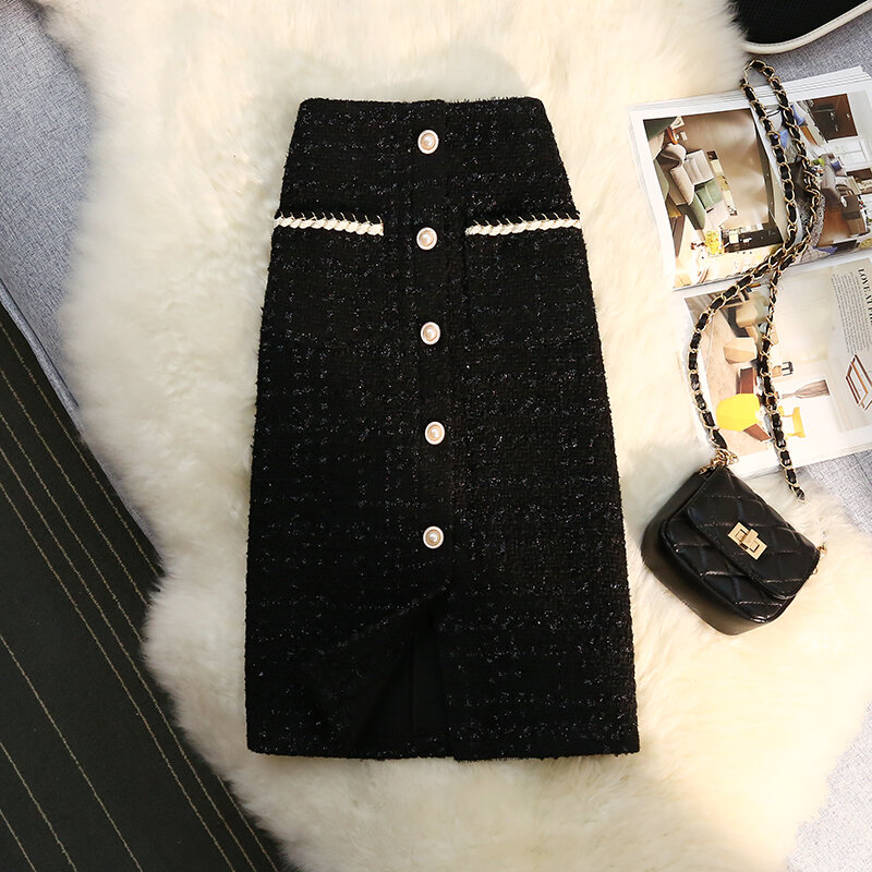Hebe & Eos Vintage wełniana czarna biała spódnica wysokiej talii koreański moda linia eleganckie ubranie biurowe kobiety spódnica trzy czwarte jesienno-zimowa