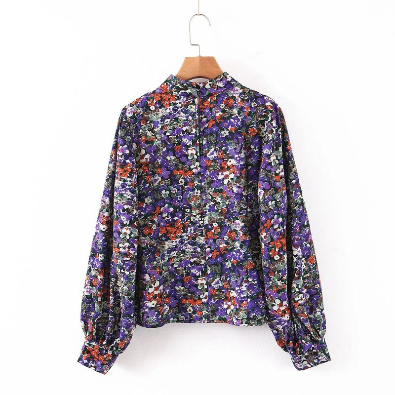 Blusa de cuello alto con estampado Floral para mujer, camisa de manga larga, color morado, para otoño