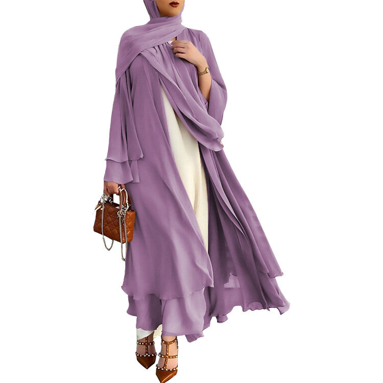 2021 neue Feste Farbe Dubai Muslimischen Kleid Strickjacke Robe Chiffon Langen Rock Islamische Kleidung Plus Größe Muslimischen frauen Kleidung