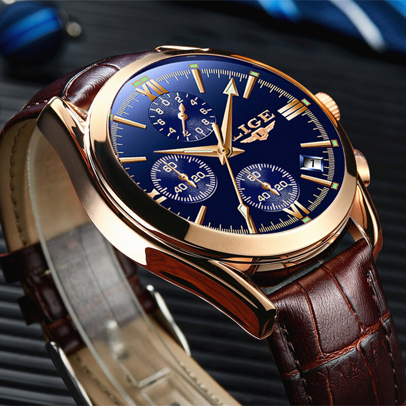 LIGE-2021 탑 브랜드 럭셔리 쿼츠 가죽 시계 남성용, 캐주얼 스포츠 크로노 그래프 방수 날짜 표시 시계
