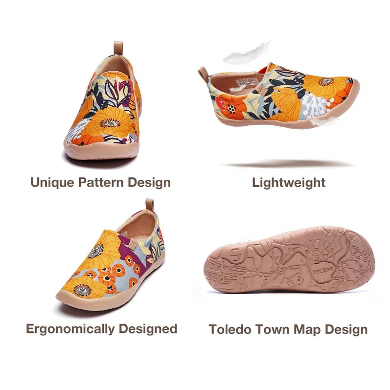 UIN 여성용 경량 슬립 온 스니커즈 워킹 플랫 캐주얼 플라워 아트 Painted Travel Shoes Marigolds