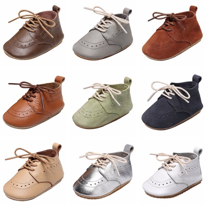 Zapatos de cuero de estilo británico para bebés, calzado antideslizante con cordones y suela de goma, Color sólido, bonito