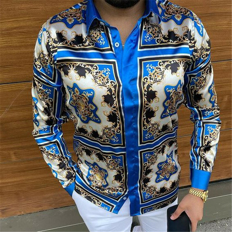 Vintage Patterned Men Autumn Long Sleeved Shirt Male Print shirt Turn-Down Collar Button Down Casual Blouse U.S Plus Size Tops