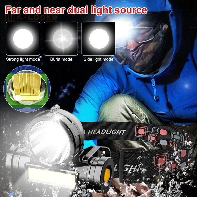 Outdoor COB Headlights LED Waterproof Super Bright Head Torch USB Rechargeable Portable Hiking Camping Night Fishing Headlamp