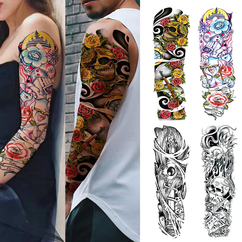 Autocollant de tatouage temporaire, motif Totem géométrique, étanche, bras complet, à manches larges, faux tatouage Flash, pour hommes et femmes, QB