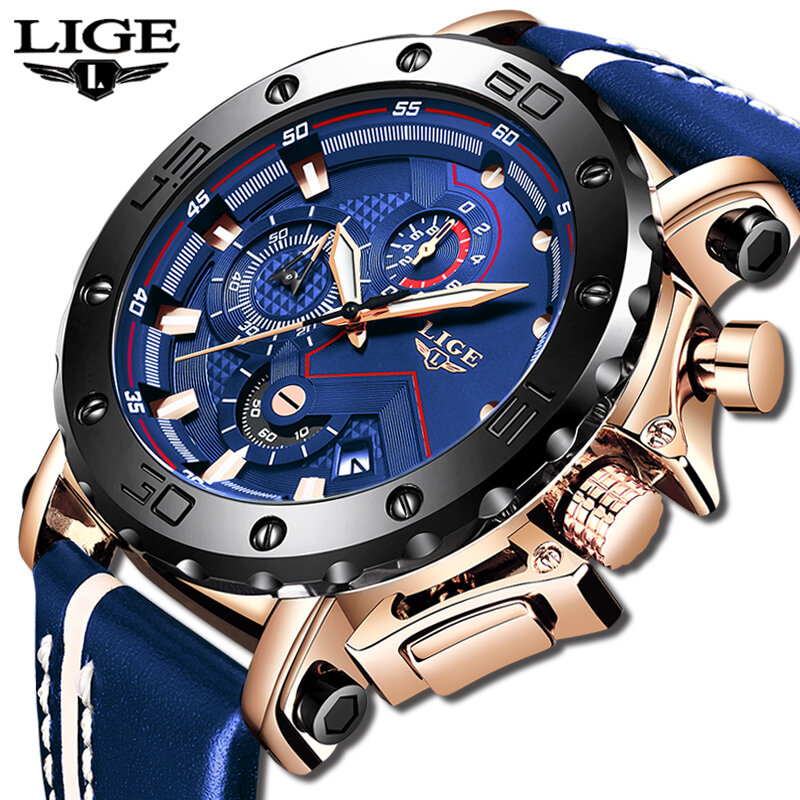 2019 nouveau LIGE hommes montres haut marque de luxe grand cadran militaire Quartz montre décontracté en cuir étanche Sport chronographe montre hommes