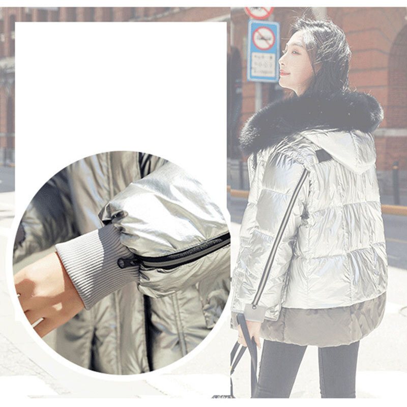 패션 겨울 여성 자 켓 후드 모피 칼라 느슨한 코트 새로운 화이트 오리 따뜻한 상위 레이디 슬림 우아한 밝은 코트 G454