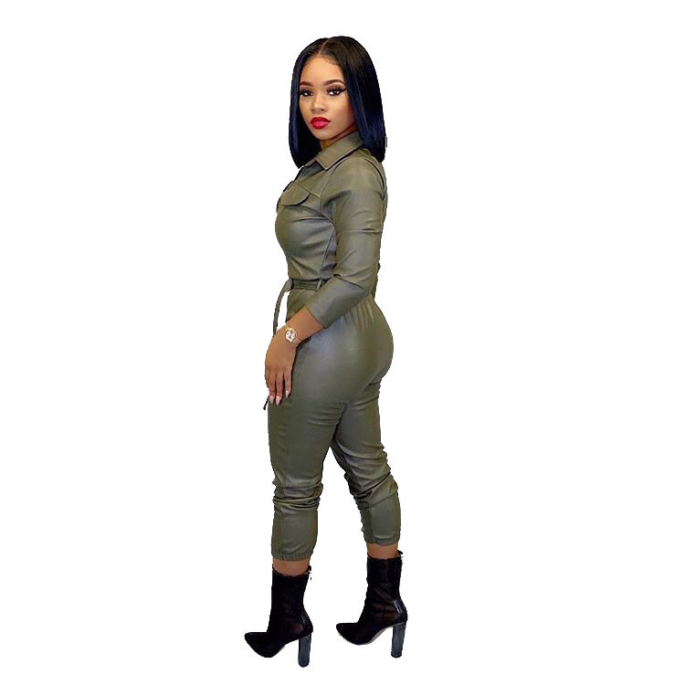 2020 Women Winter Turn Down Collar PU Leather Jumpsuit Long Sleeve Jumpsuit Bodycon Outfits Sashes Night Club Party Rompers