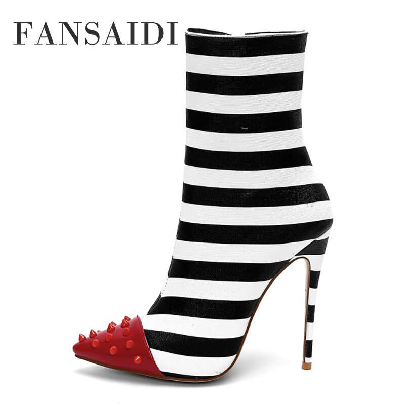 FANSAIDI-Botas de tacón de aguja con cremallera para mujer, zapatos de fiesta con punta puntiaguda, con remaches, 41 42 43