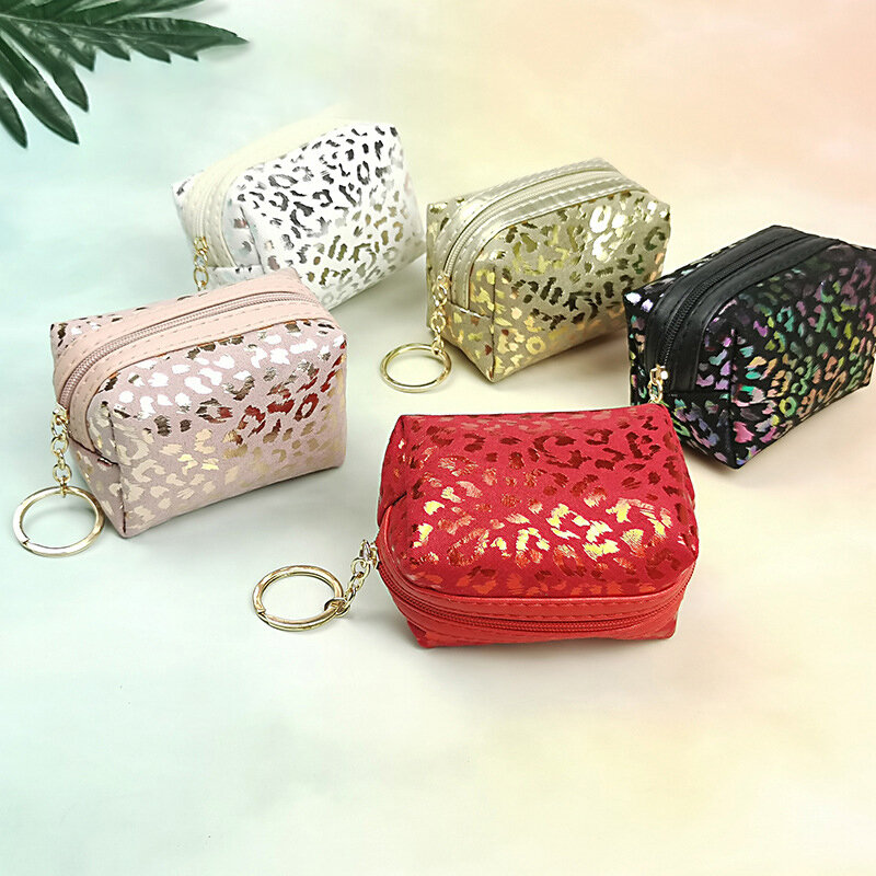 Porte-monnaie imprimé léopard, 5 couleurs, estampage à chaud, Mini sac rouge à lèvres, sac de rangement pour écouteurs, sac de porte-clés pour carte de contrôle d'accès