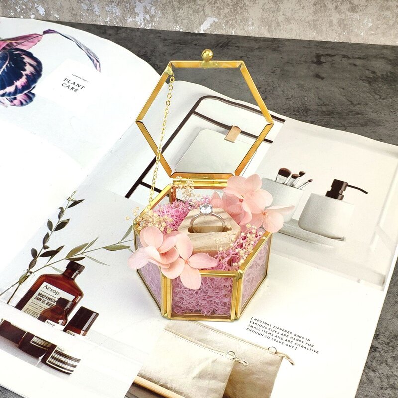 Joyero de cristal transparente hexagonal, caja de anillo de boda, organizador de joyas de cristal transparente geométrico, soporte de sobremesa, Containe