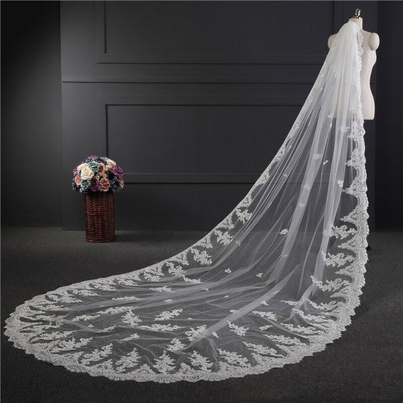NZUK-velo de novia con borde de encaje de 3,5 M de longitud, velo de novia Blanco/marfil con peine, largo, accesorios de velo de novia