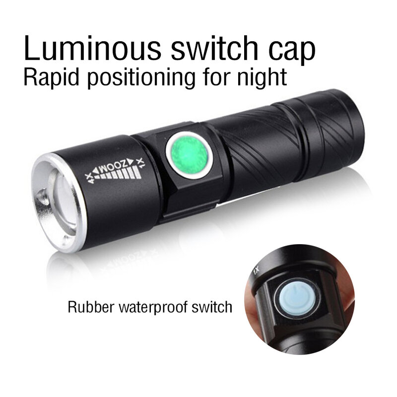 Mini lanterna led portátil recarregável usb, lanterna à prova d'água com zoom lâmpada bolso para acampamento ao ar livre