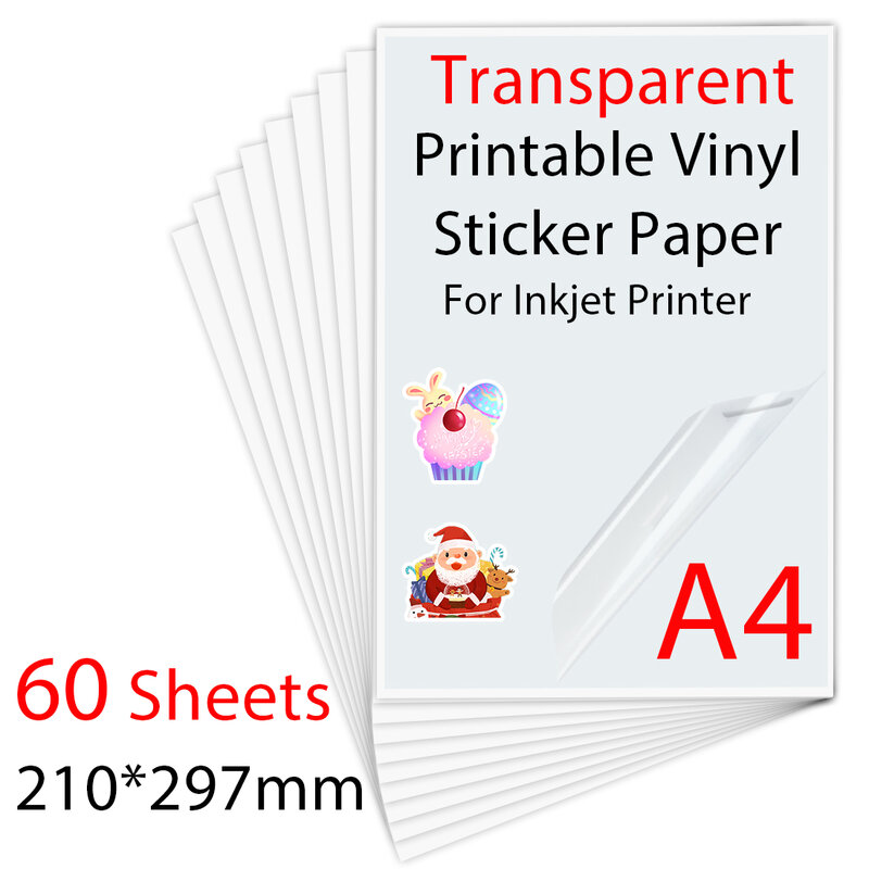 60แผ่นพิมพ์ไวนิลสติกเกอร์กระดาษ A4 PET โปร่งใสกันน้ำ Self-Adhesive กระดาษสำหรับเครื่องพิมพ์อิงค์เจ็ท DIY ...
