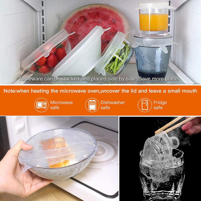 6 개/대 실리콘 그릇 커버 주방 유니버설 식품 신선한 뚜껑 캡 재사용 가능한 조리기구 스트레치 뚜껑 액세서리