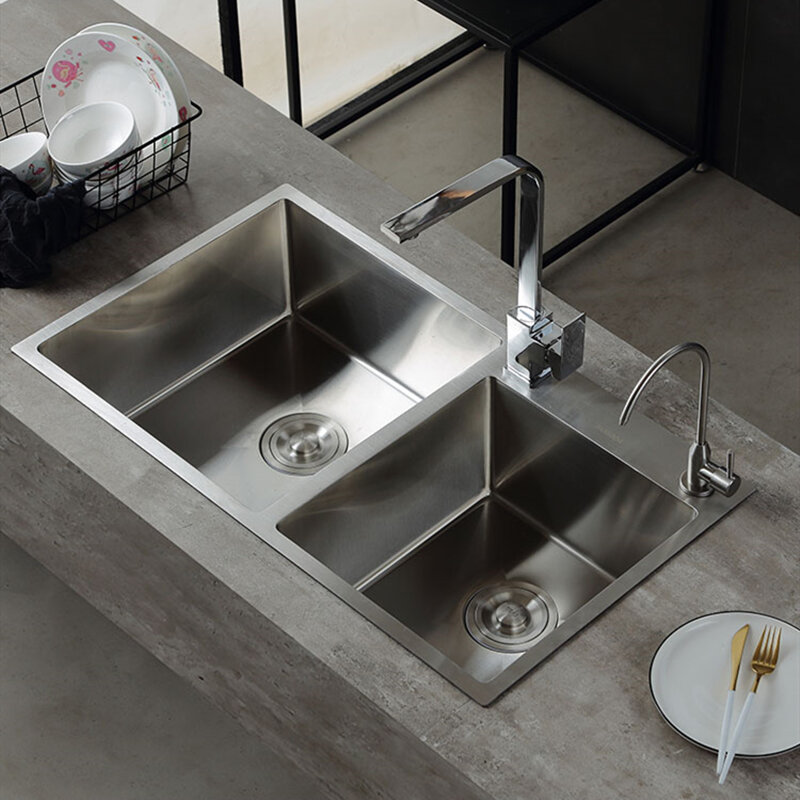 Drop Inอ่างล้างจาน304สแตนเลสชามคู่Topmount Sinkรูปสี่เหลี่ยมผืนผ้าแปรงSinkครัวเครื่องใช้ไฟฟ้า