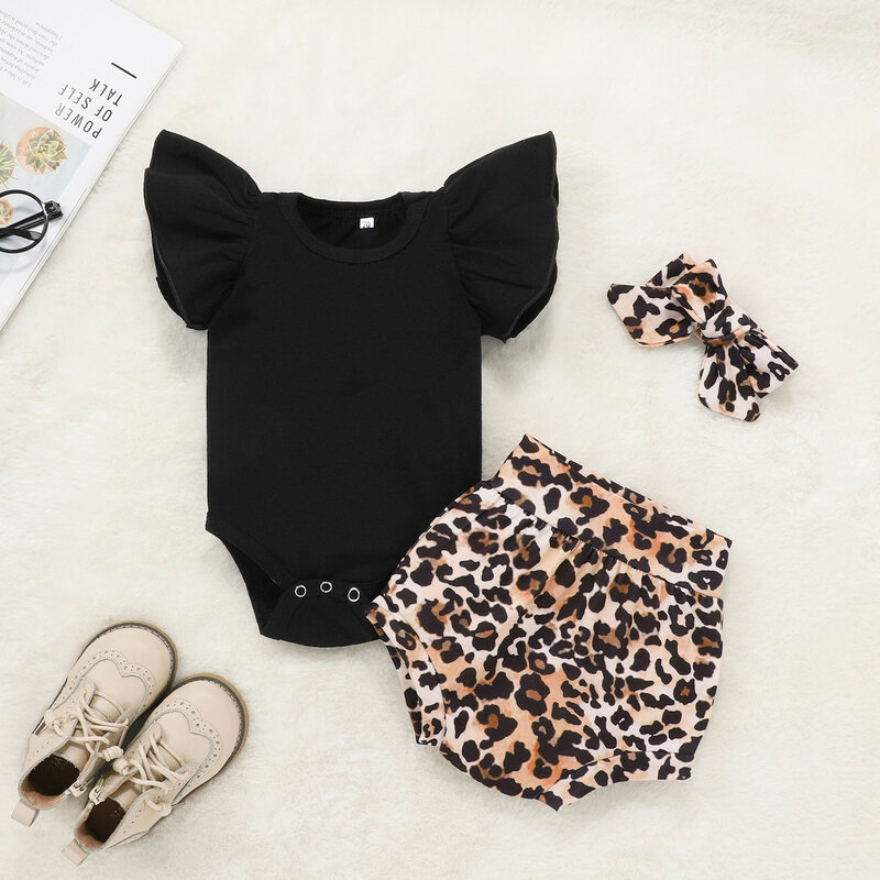 Bonito do bebê roupas de verão recém-nascido do bebê da menina sólida macacão bodysuit + leopard print shorts conjunto roupas infantis casuais