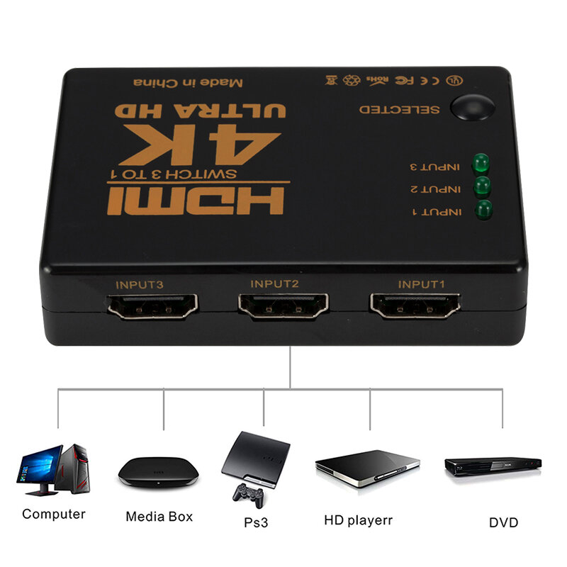 HDMI-Tương Thích Công Tắc 3 Cổng 4K * 2K Bộ Chia Nút Chọn 3 Trong 1 Ra Hub Hộp + điều Khiển Từ Xa Tự Động Switcher 1080P HD Cho PS3 HDTV PC Laptop