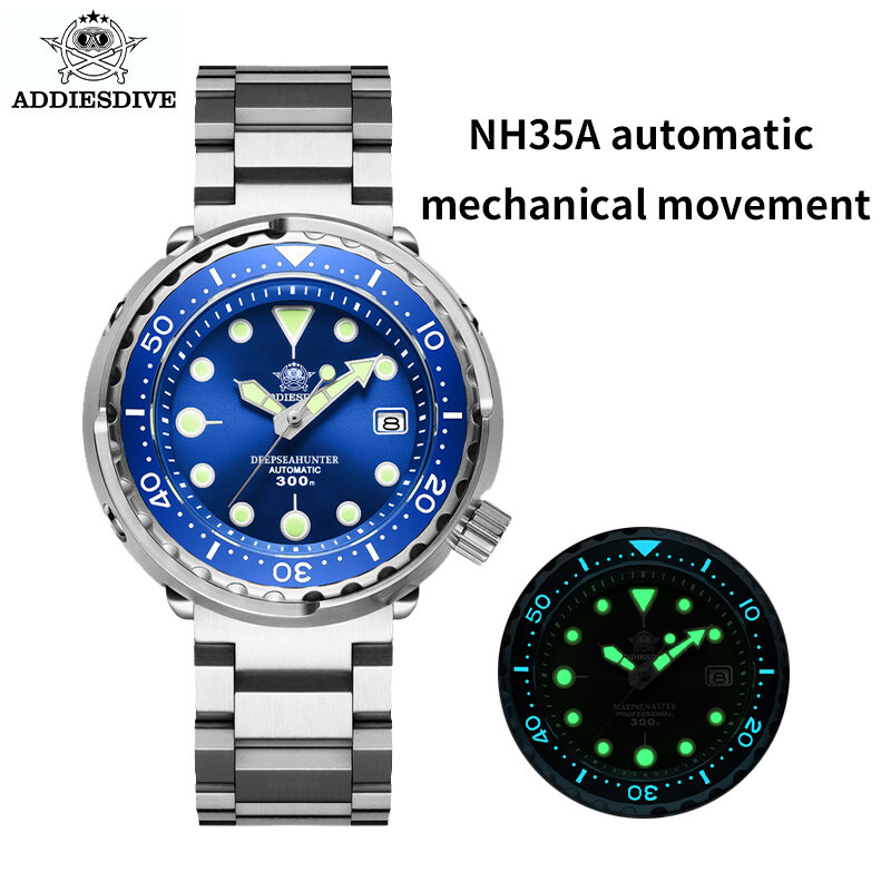 ADDIESDIVE นาฬิกาข้อมือสำหรับผู้ชาย NH35การเคลื่อนไหว Blue Tuna นาฬิกา Luminous Dial Sapphire คริสตัล300M ดำน้ำสแตนเลสนาฬิก...