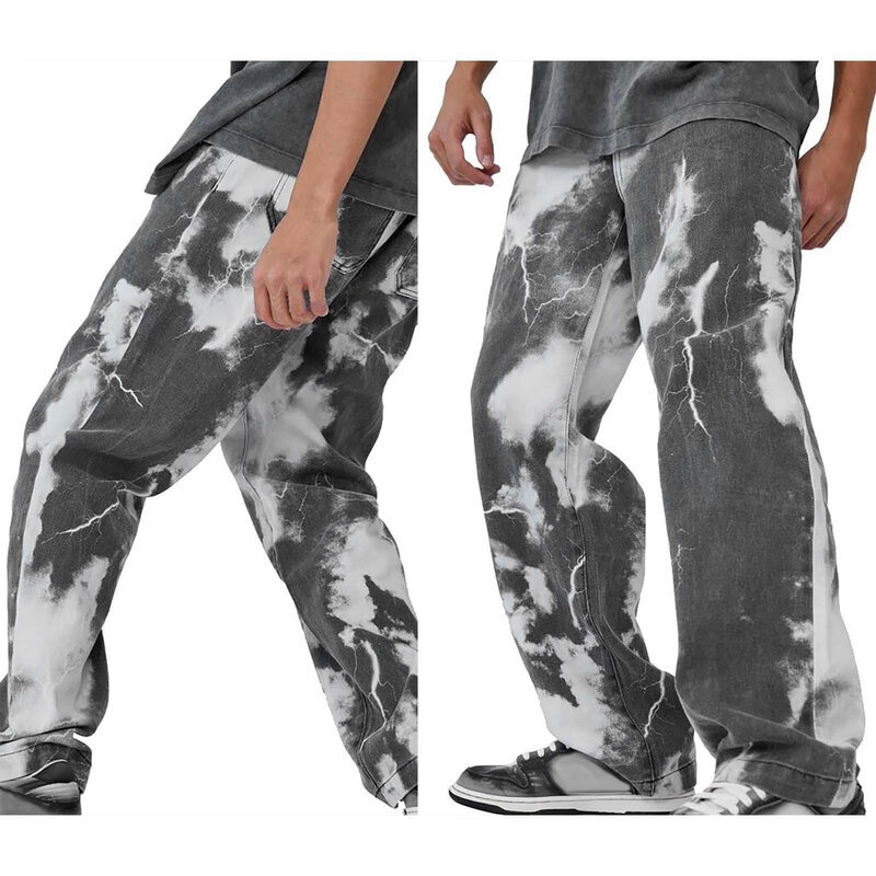 Джинсы мужские прямые в стиле ретро, свободные брюки из денима, с принтом, в стиле хип-хоп, прямые штаны в стиле пэчворк, 55 #