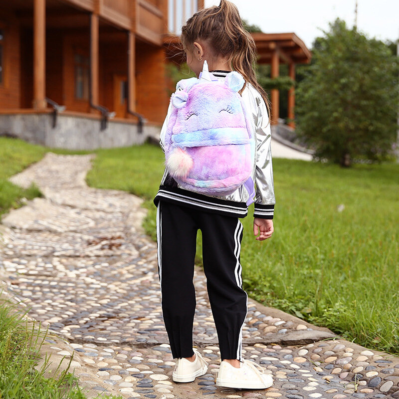 Nova moda de pelúcia mochila bonito animal bookbag leve viagem daypack com pom pom zíper para crianças