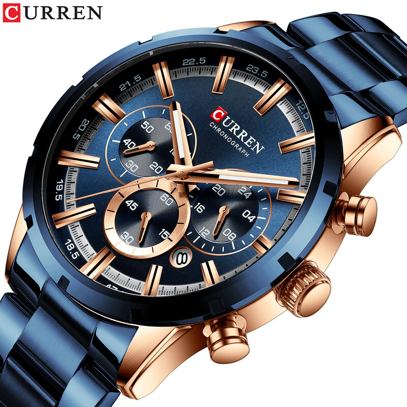 Luxury brand CURREN men's fashion watch, blue business advanced style chronograph, sports waterproof men's quartz watch