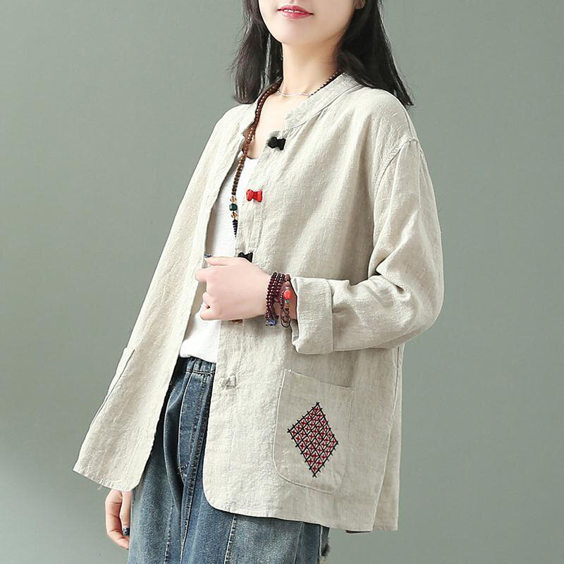 Nova chegada primavera verão artes estilo feminino manga longa solta casacos casuais algodão linho bordado vintage casaco s923