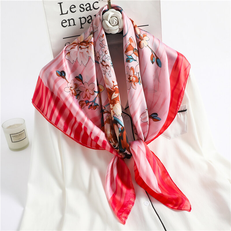 Impressão floral cetim seda lenço quadrado feminino hijab bandana neckerchief bandana moda xale envoltório silenciador foulard 90*90cm