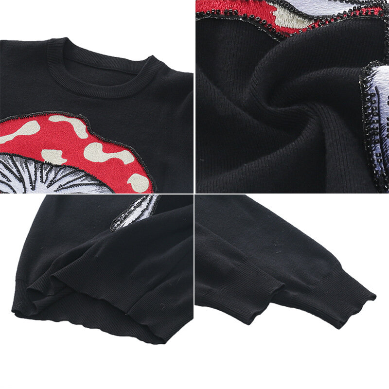 Suéter feminino outono inverno, preto, quente, cogumelo, miçangas, gola redonda, manga longa, folgado, de malha, harajuku