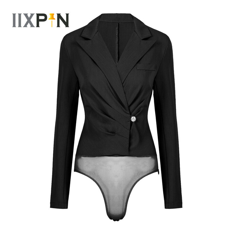 Blazer feminino jaqueta plissado manga comprida, peça body social com um botão
