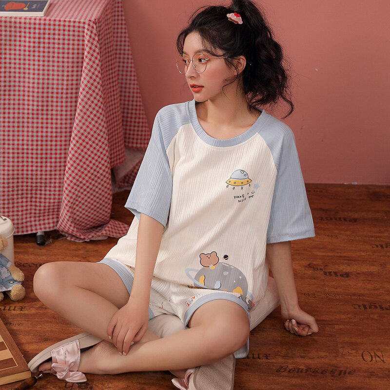 Novo planeta pijamas feminino verão estilo coreano manga curta puro algodão de duas peças terno solto fino primavera e outono homewear