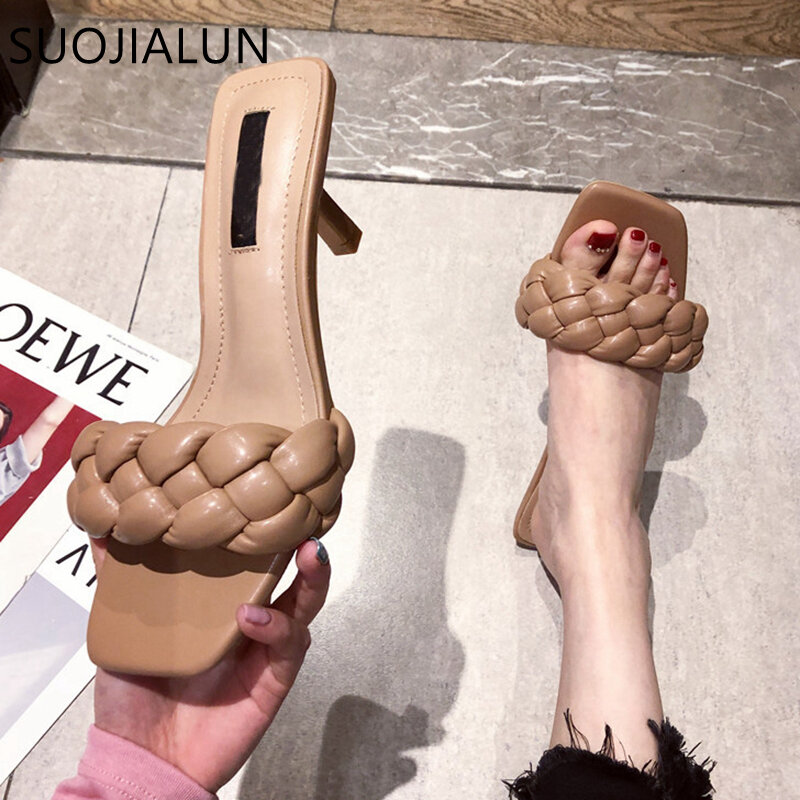 SUOJIALUN Summer New Design Weave Women Slipper Square Toe High Quality Leather Gladiator Sandals Ladies Outdoor Dress Slides