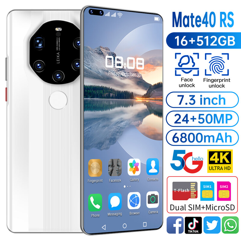 2021 New Smartpone Mate40 RS Global Version Smartphonr 16G 512G Android10 Unlocked 6800mAh Snapdragon 888 Face ID Mobile Phone