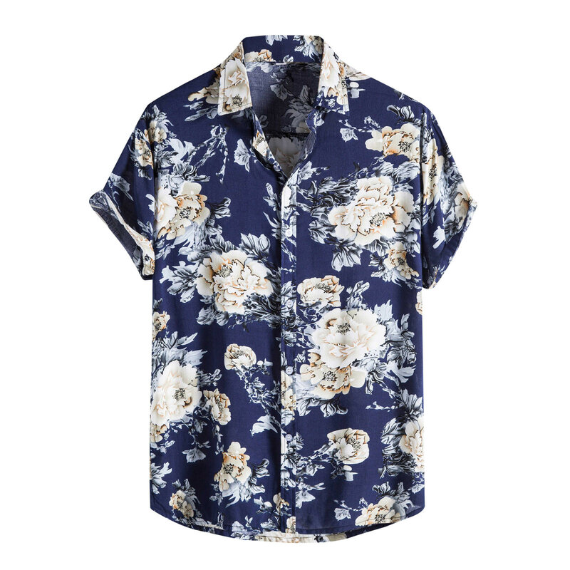 60# Mens Cardigan Short Sleeve Hawaiian Beach Flower T Shirt Mens Turtleneck T Shirt Mens Clothing Trend Casual Comfortable Top