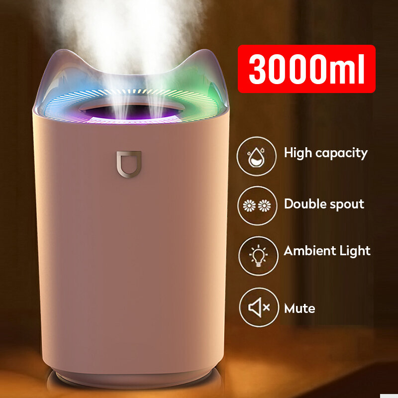 3L Air Humidifier น้ำมันหอมระเหย Aroma Diffuser คู่หัวฉีดสีสัน LED Light อัลตราโซนิคความชื้นน้ำมันหอมระเหย Diffuser
