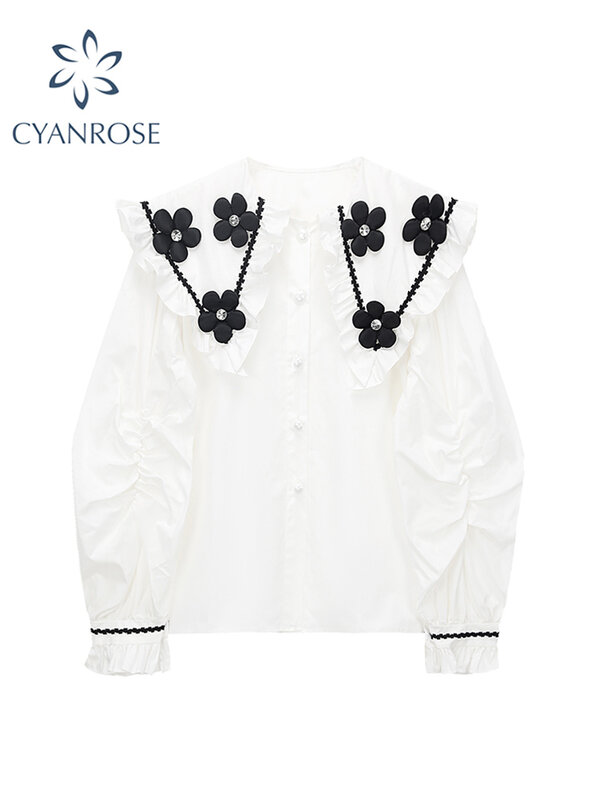 Women Fashion Agaric Lace Patchwork Blouse Office Ladies Single Breasted Elegant Casual Shirts Peter Pan Collar Chic Blusas New