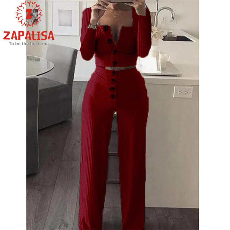 Zapalisa Knit Button Decor Streetwear Vrouwen Tweedelige Outfits Lange Mouwen Single Breasted Crop Tops + Hoge Elastische Taille Broek
