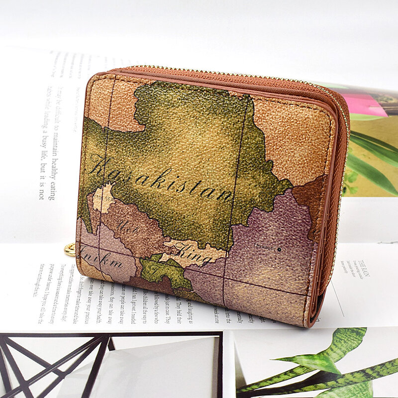 Mini cartera corta Vintage para mujer, monedero, tarjetero, mapa del mundo, billetera corta de cuero impermeable, monedero de estilo de viaje
