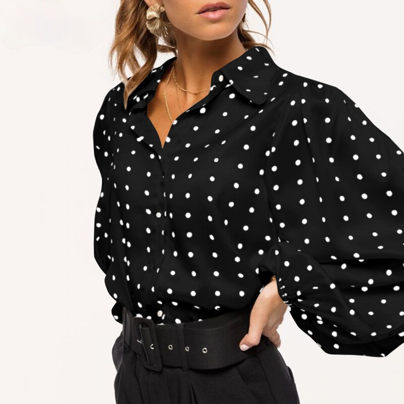 Camisa feminina com bolinhas manga comprida, 5xl plus size, gola com lapela, elegante, para escritório, moda top 2021, primavera